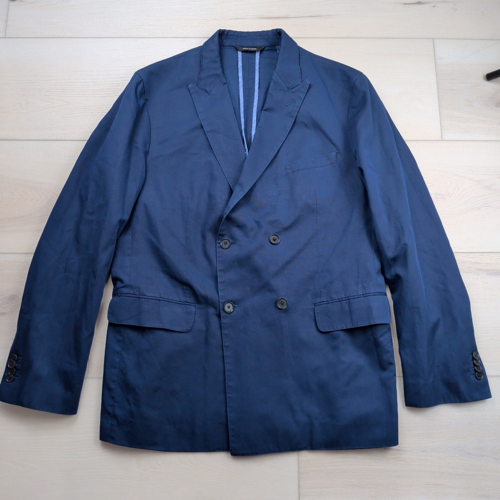 Banana Republic Double Breasted Cotton Linen Blazer Mens 44R Peak Lapel Navy